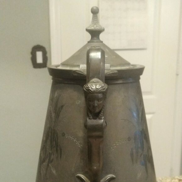 Meridian B Co Silver Plate Devil Pitcher Ceramic Liner 1868 Victorian 13.5" - Picture 3 of 9